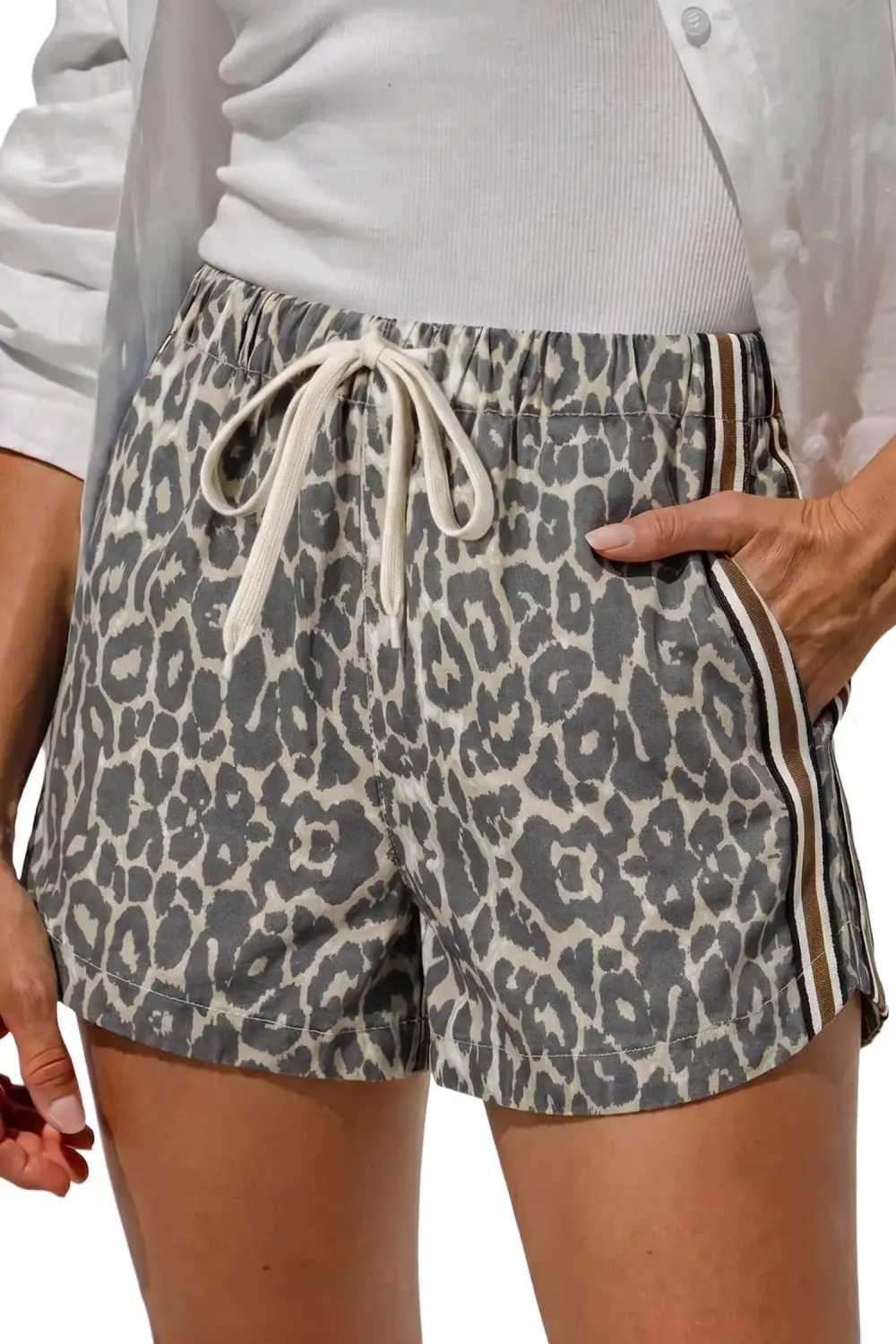 Drawstring Leopard-Print Striped Patchwork Denim Shorts