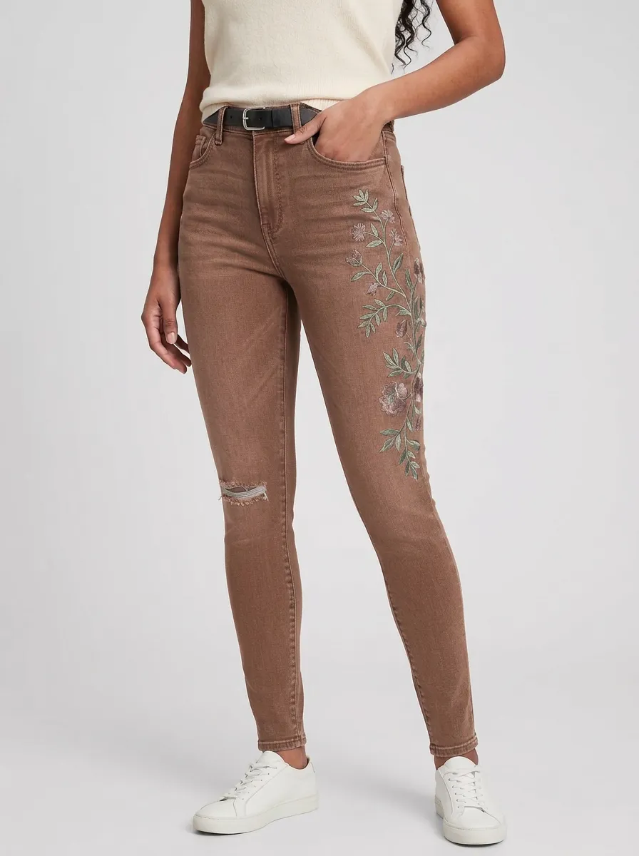 Women's Floral Gray Distressed Embroidered Slim Jeans