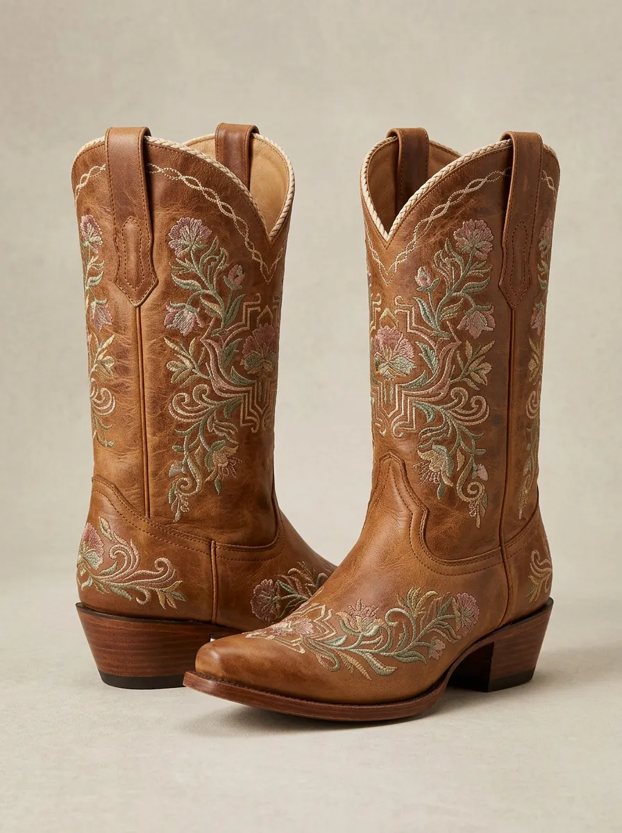 Prairie Floral Embroidered Trail Look Unisex Western Cowboy Boots