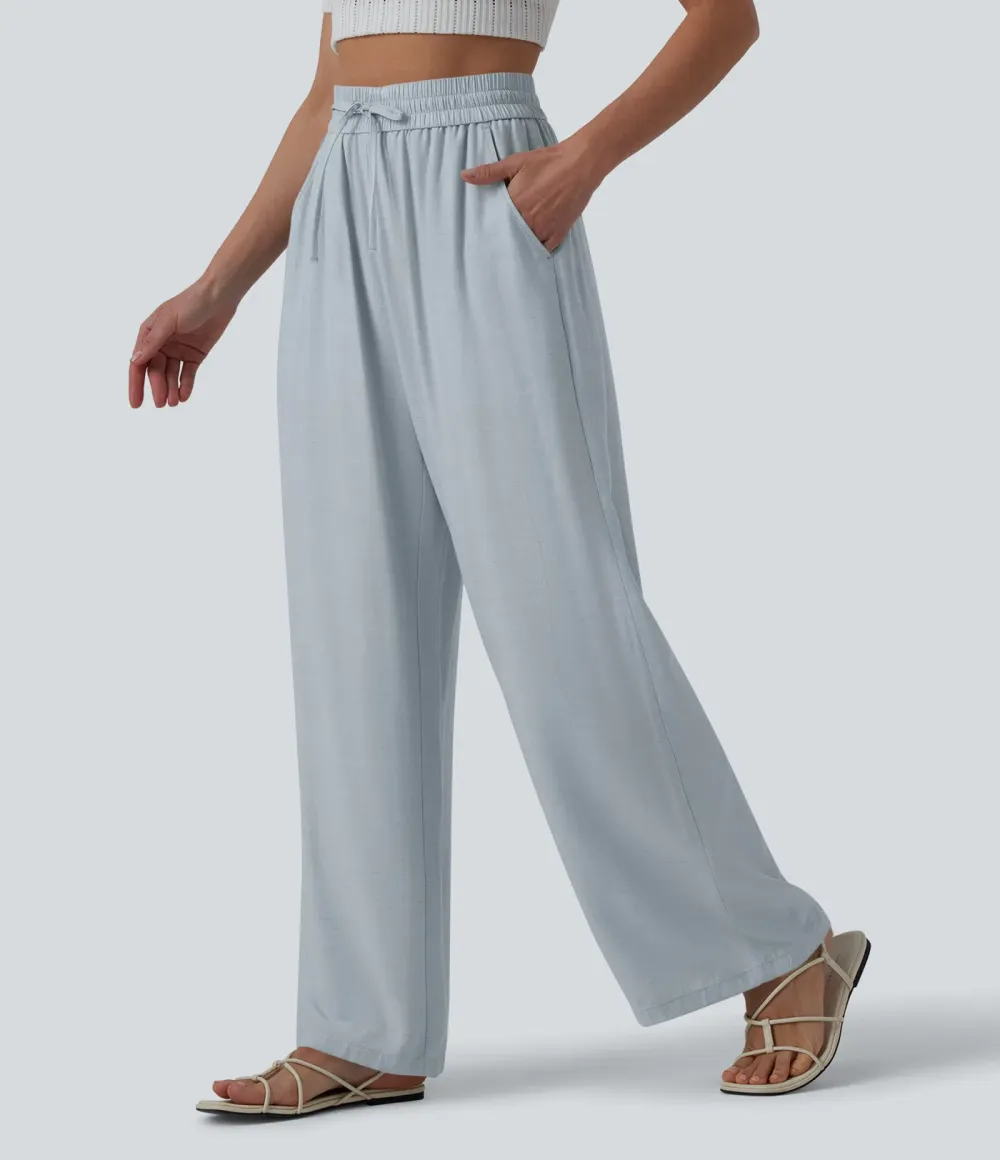 2026🔥High Waisted Drawstring Wide Leg Casual Linen-Blend Trousers with Pockets