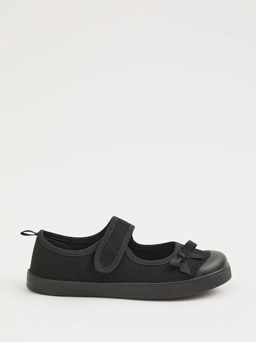 Wide Fit Black Bow Front Strap Plimsolls
