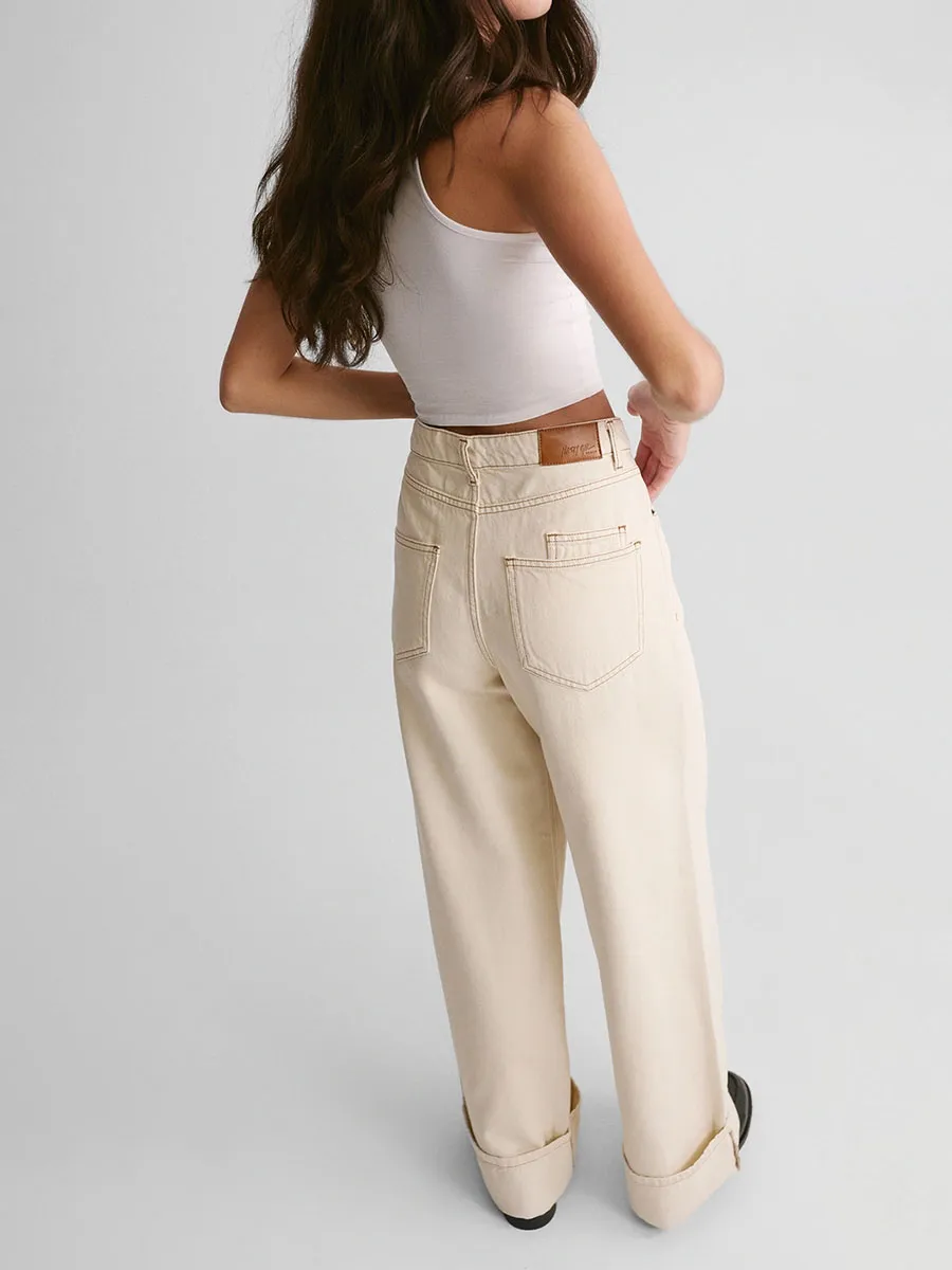 Women's Cream Wide-Leg Cuffed Jeans