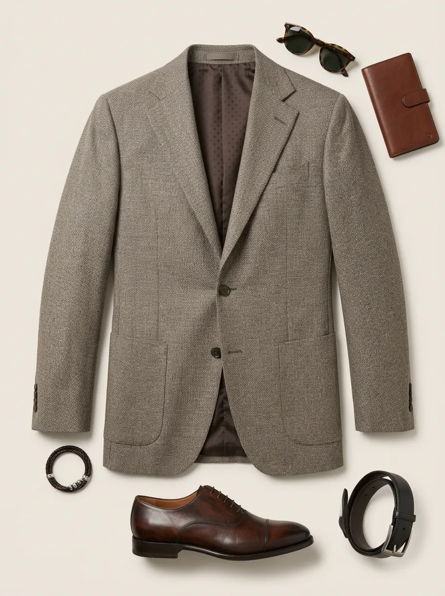 Notch-Lapel Two-Button Tweed-Texture Textured Men's Tailored Blazer Jacket