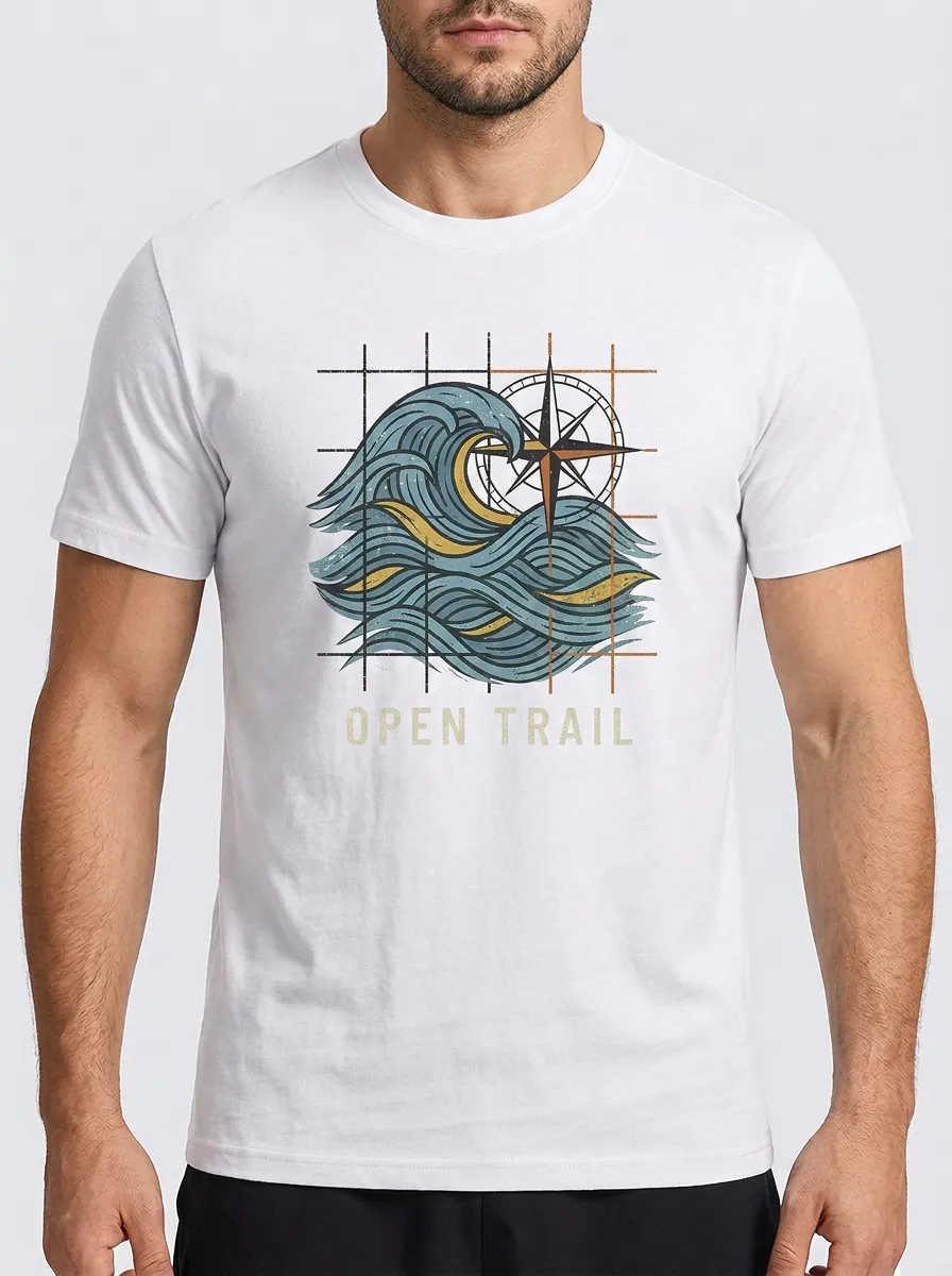 Men's Outdoor Adventure Open Trail Compass Wave Printed T-shirt