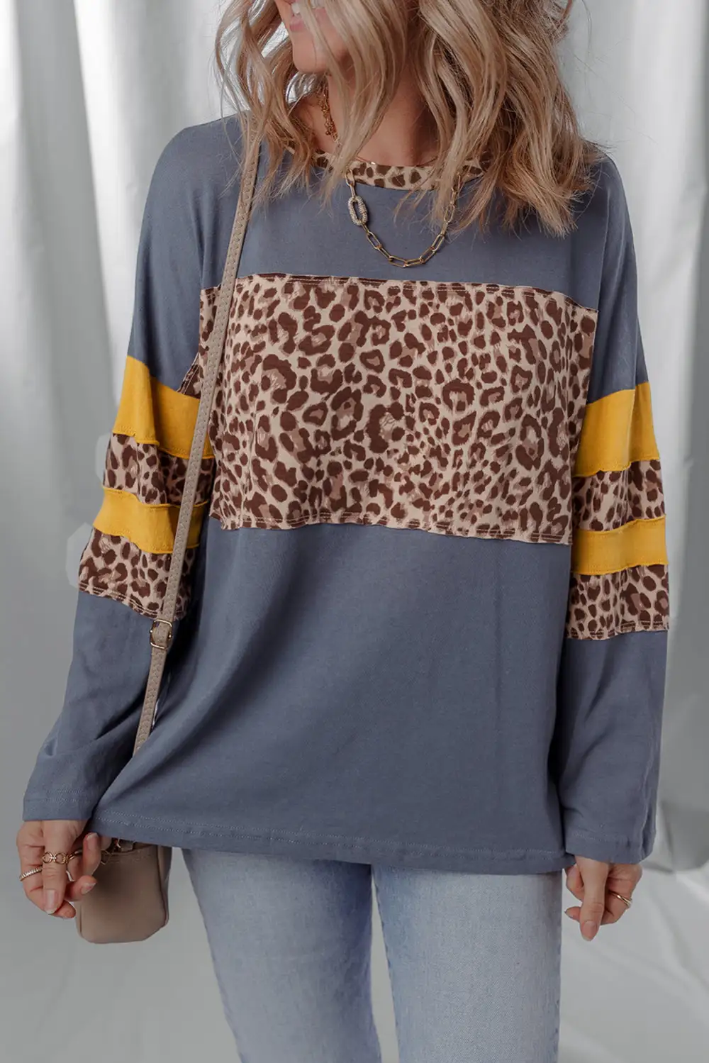 Women's Leopard Print Top With Colorblock And Long Sleeve