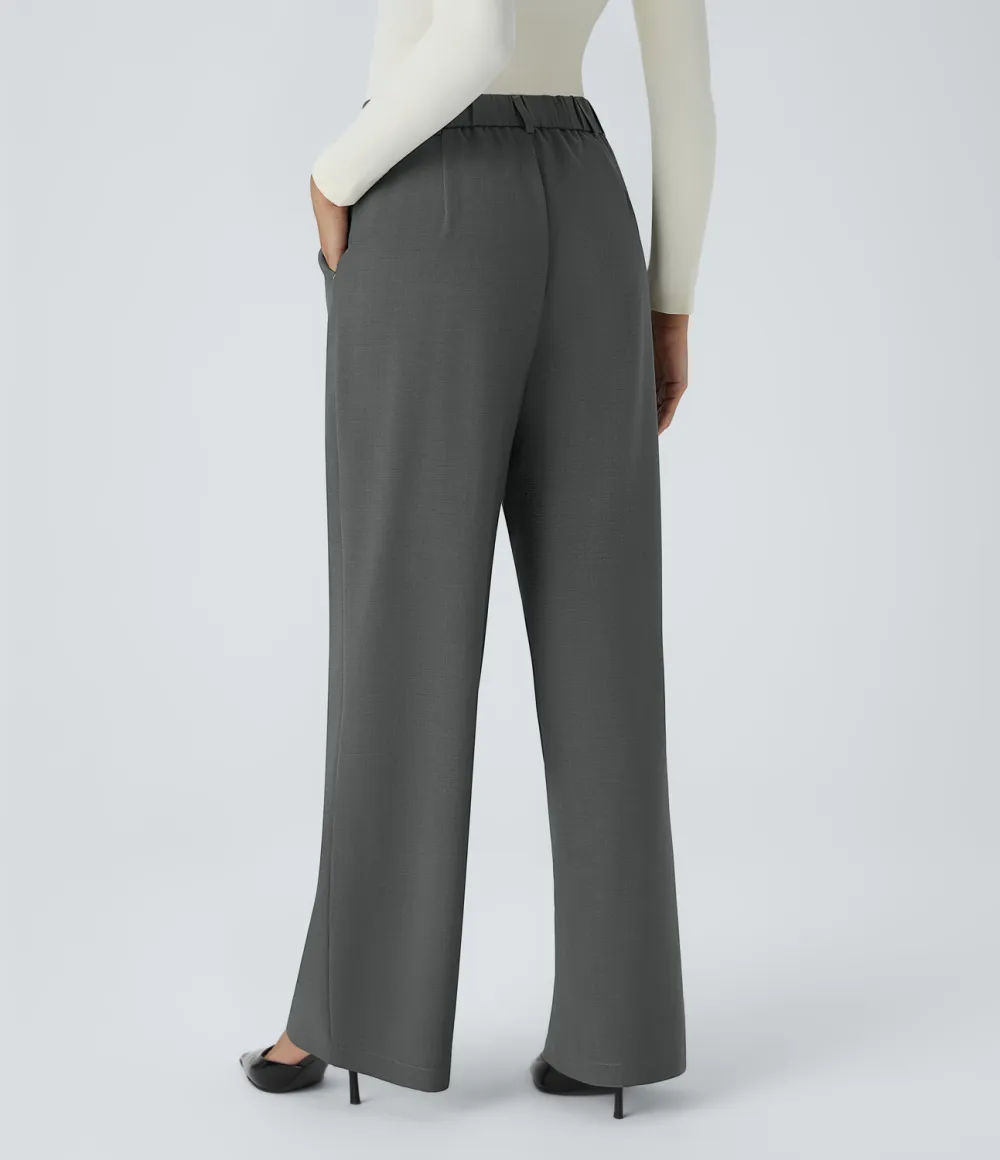 High Waisted Pleated Side Pocket Wide Leg Work Pants
