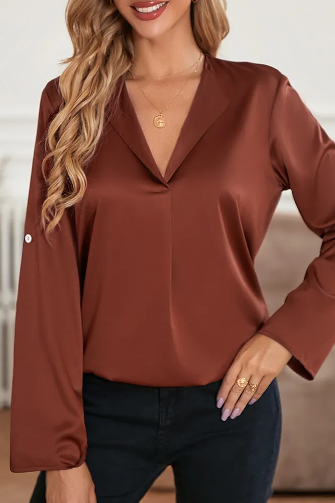 Silky Flip Collar Tucked Blouse