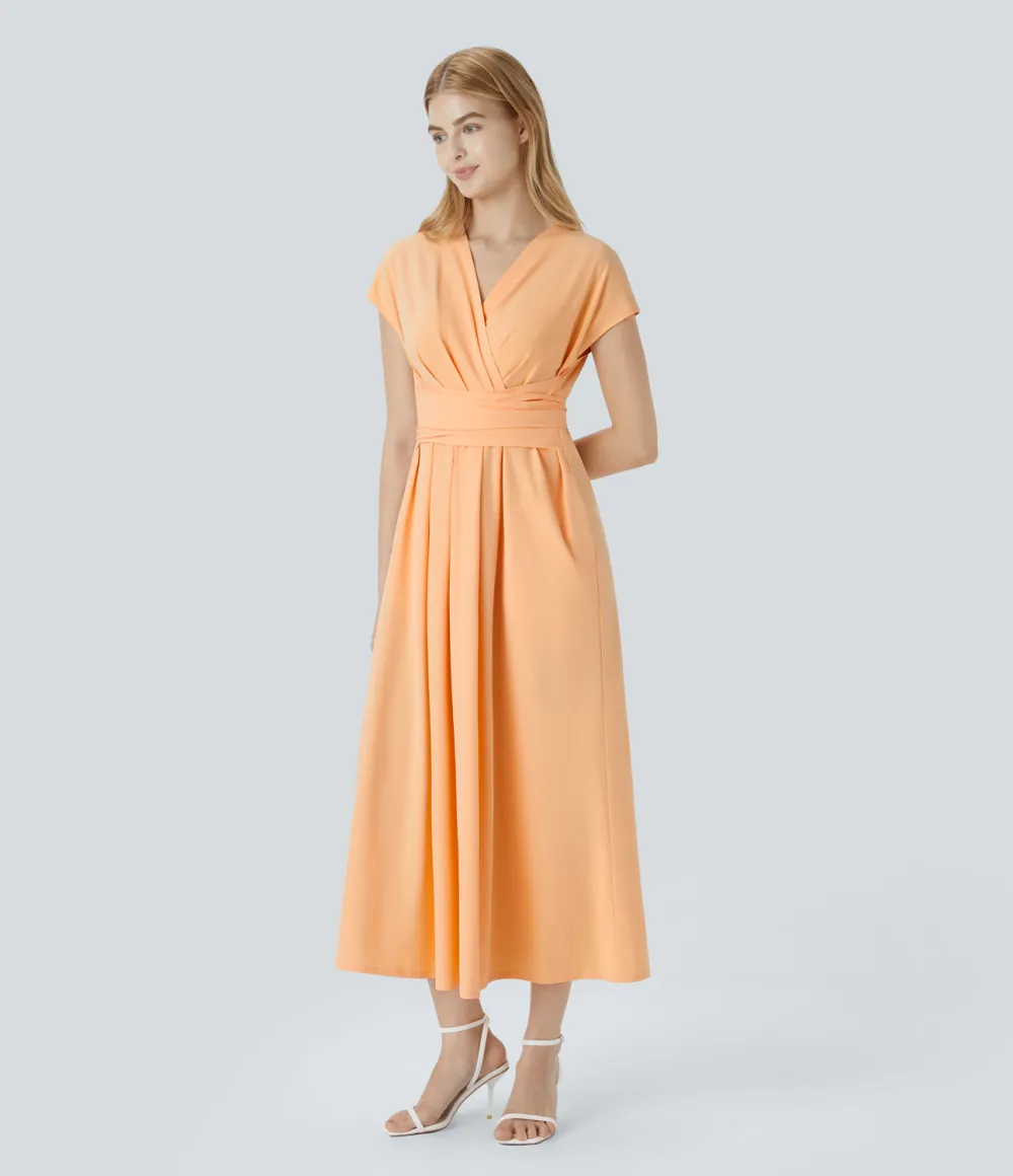 Breezeful V Neck Short Sleeve Side Pocket Tie Back Quick Dry Midi Casual Dress