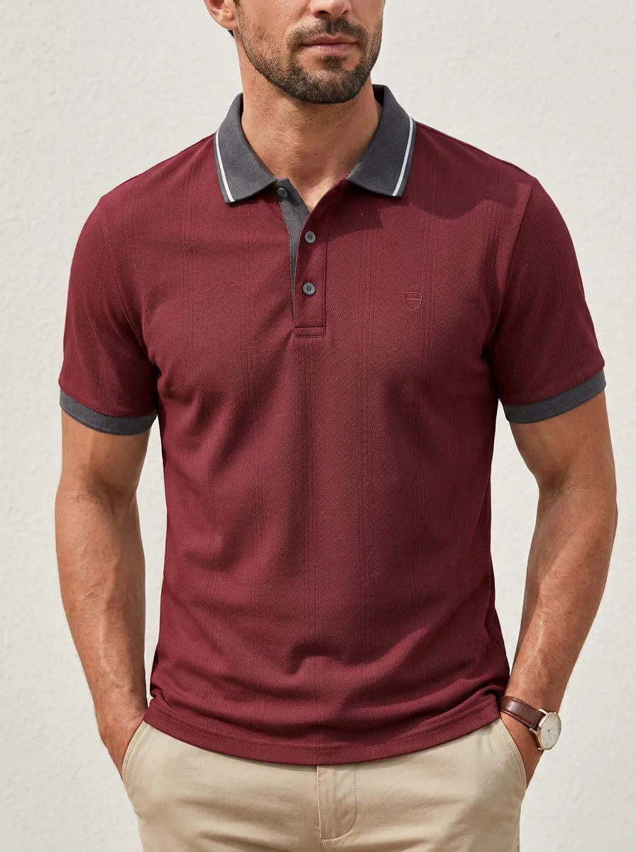 Men's Casual Business Striped Texture Contrast Collar Polo Shirt
