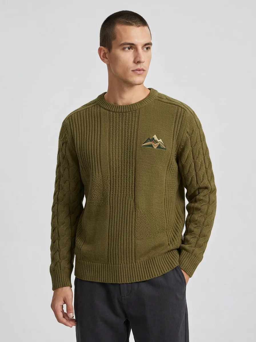 Men's Olive Green Outdoor Mountain Embroidered Knit Sweater