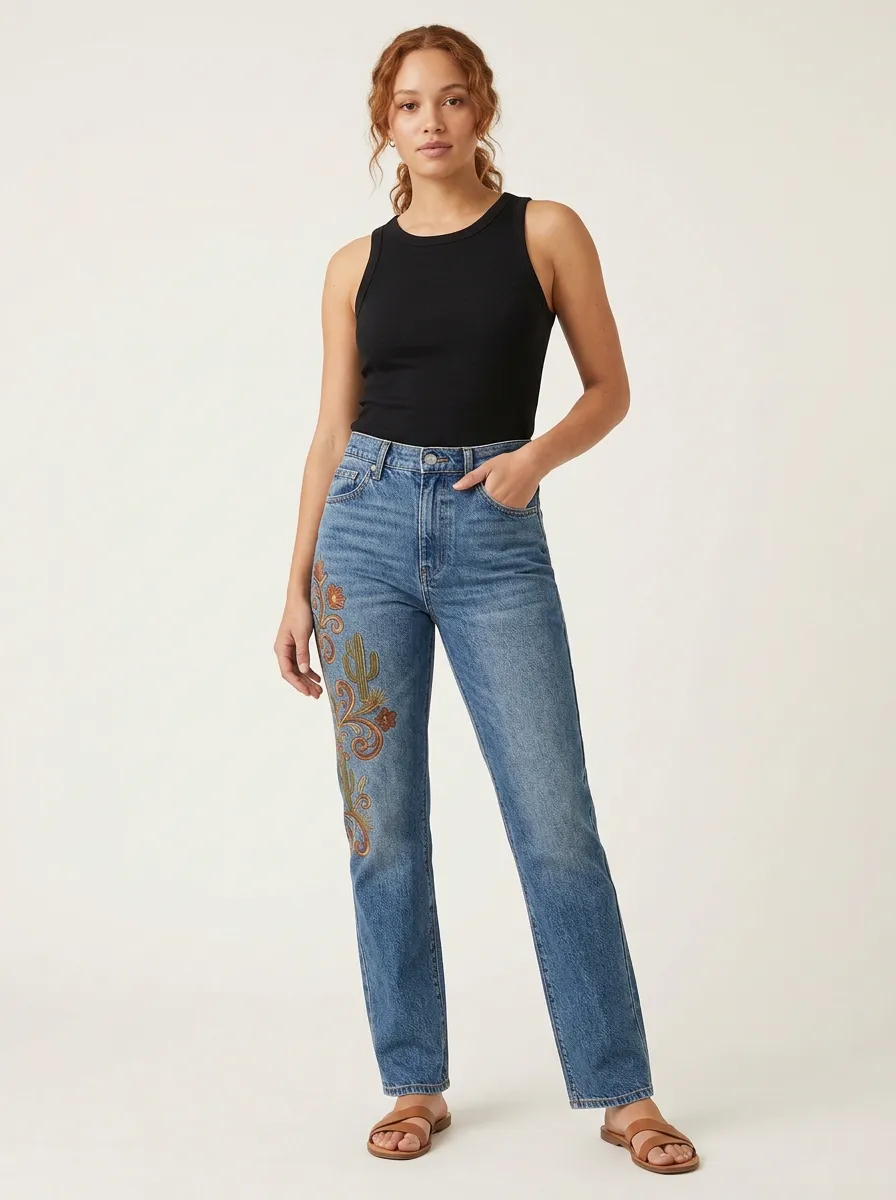Women's Western Cactus Floral Embroidered Printed Straight Leg Jeans