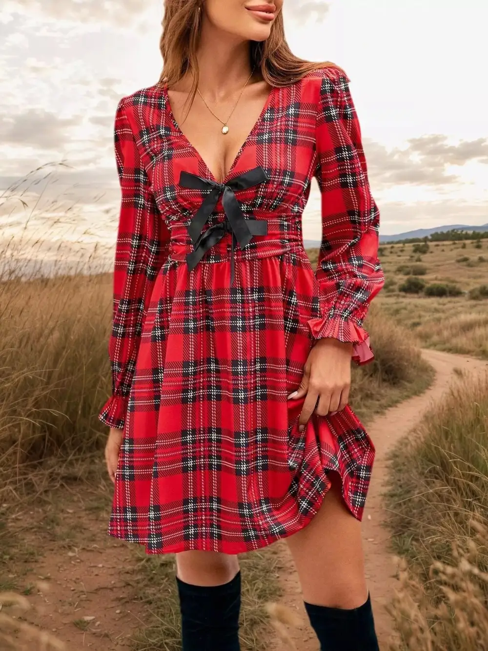 Plaid V Neck Mini Dress