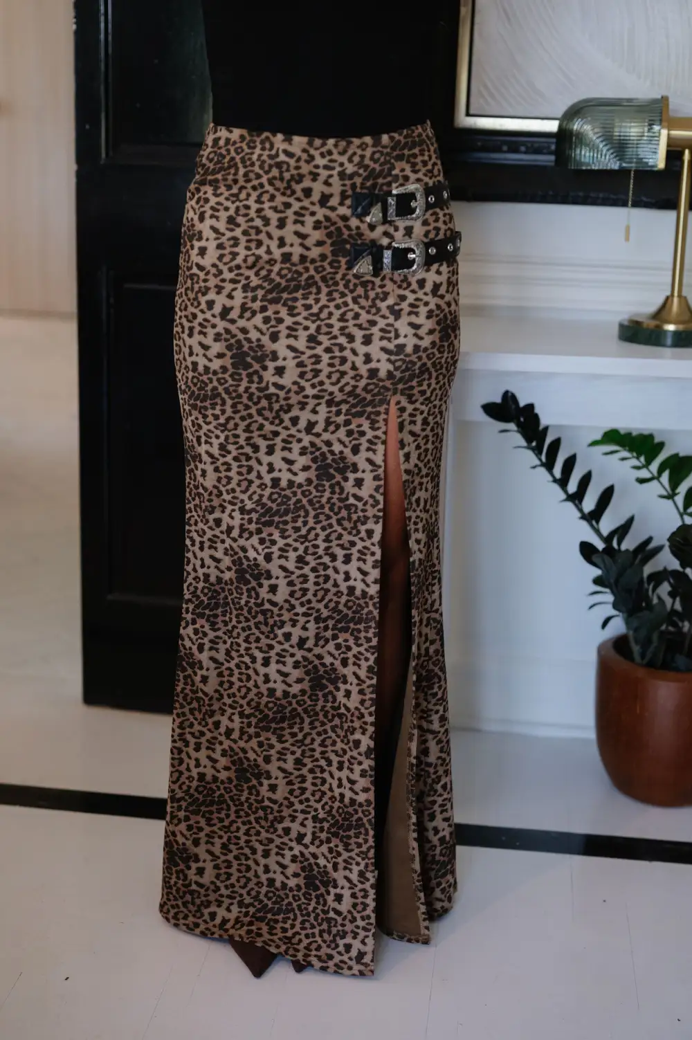 Leopard Print Faux Suede Buckle Waist Maxi Skirt