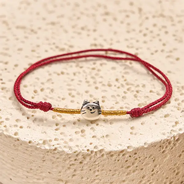 Sterling Silver Cute Cat String Braided Bracelet