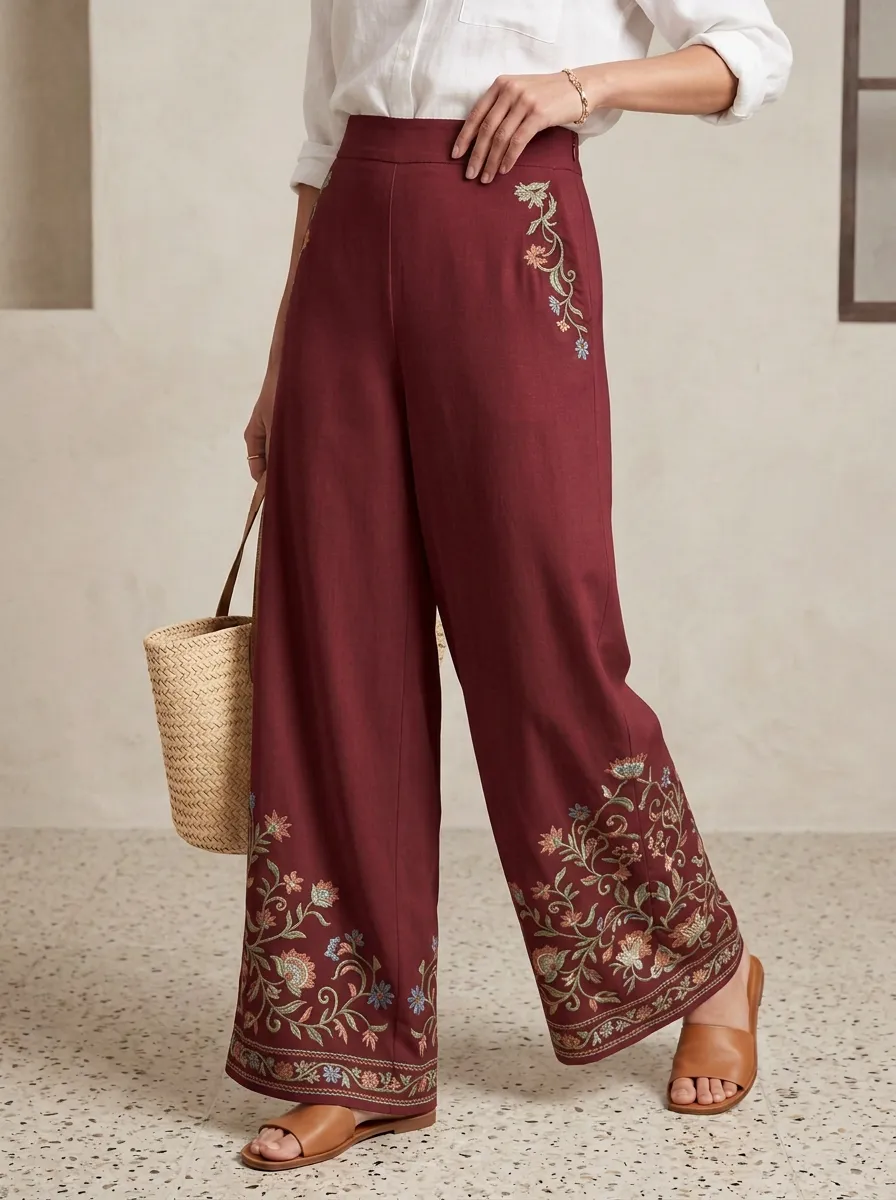 Women's Boho Floral Embroidered High-Waisted Wide-Leg Pants