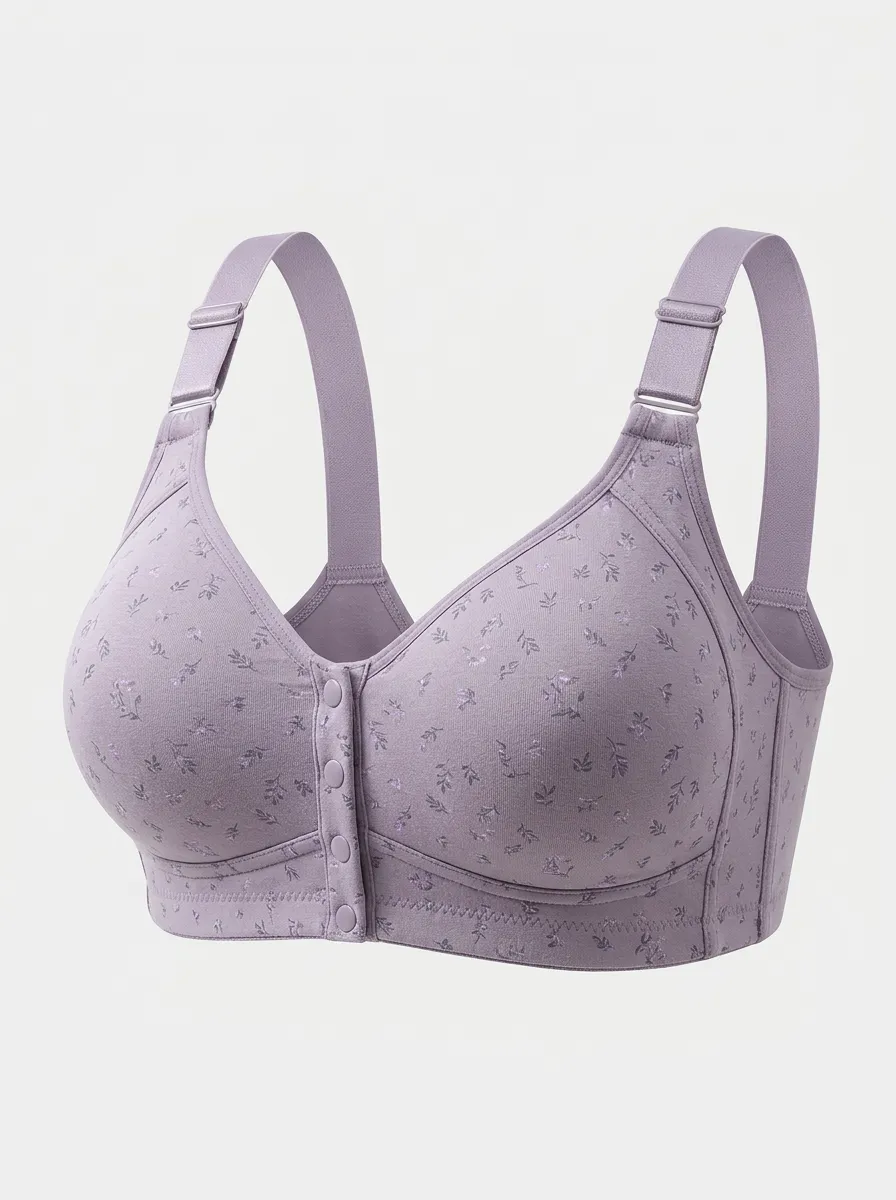 Women's Plus Size Lavender Floral Front-Closure Full-Coverage Wireless Bra