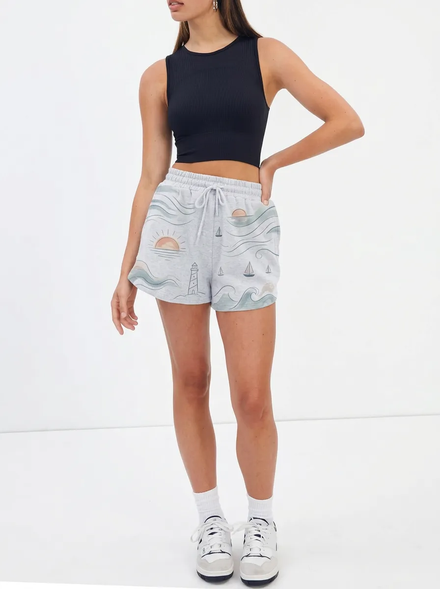 Women's Marin Nautical Coastal Lighthouse Sailboat Graphic Shorts
