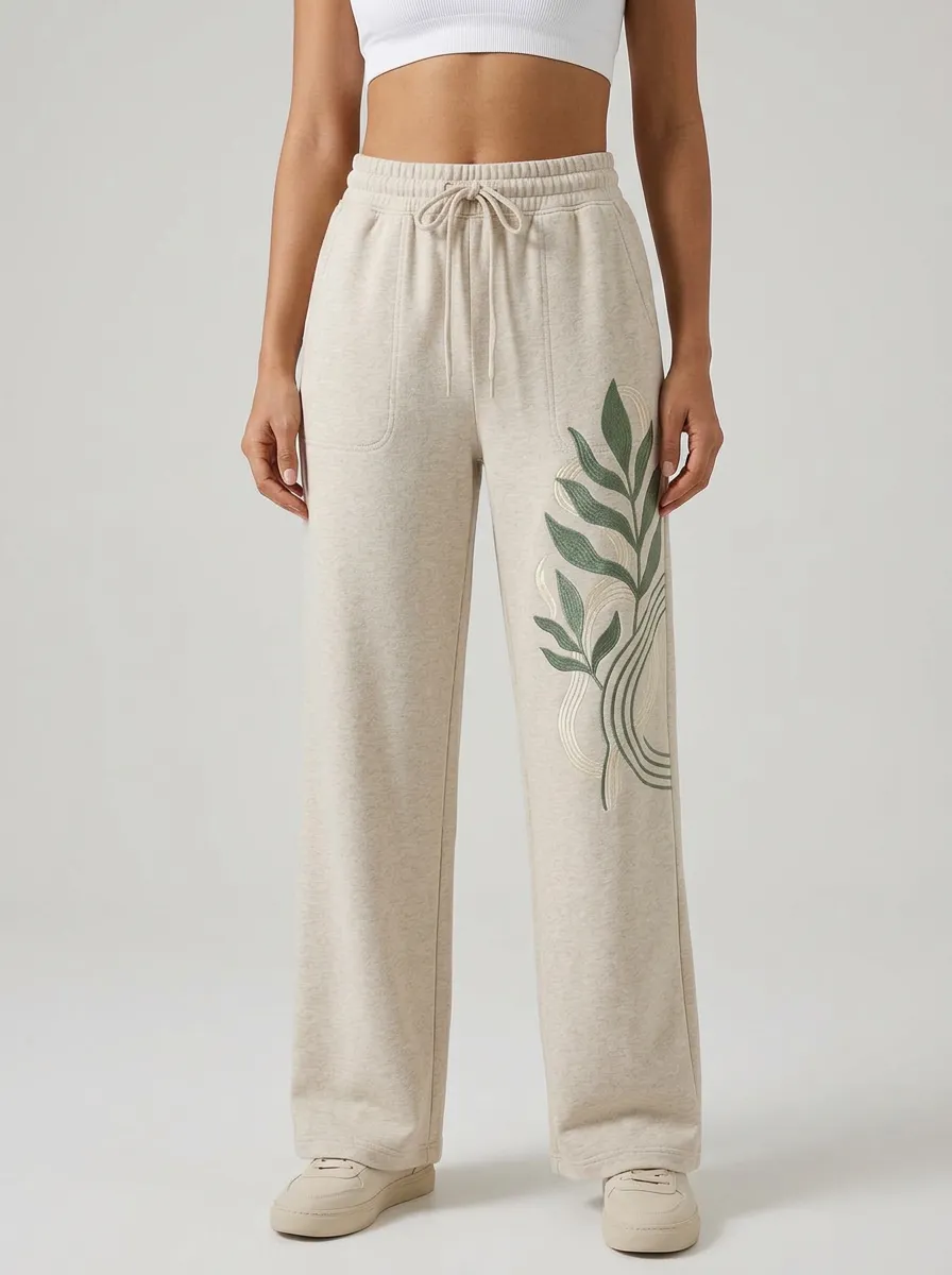 Women's Botanical Minimalist Green Leaf Graphic Sweatpants