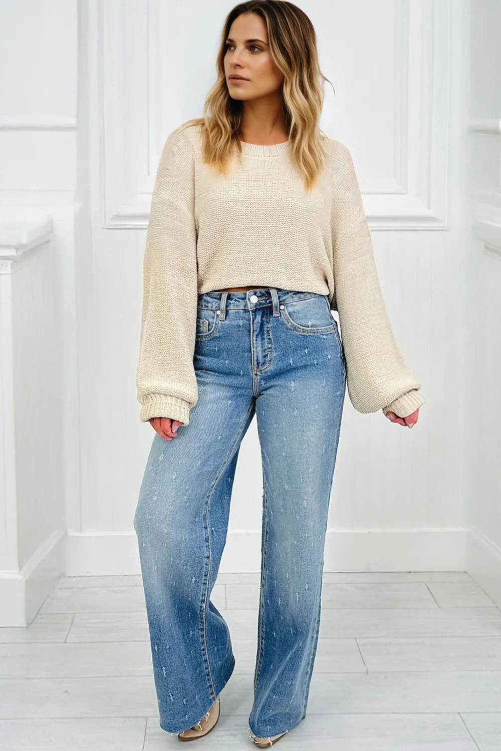 Pale Blue Distressed Raw Hem Jeans