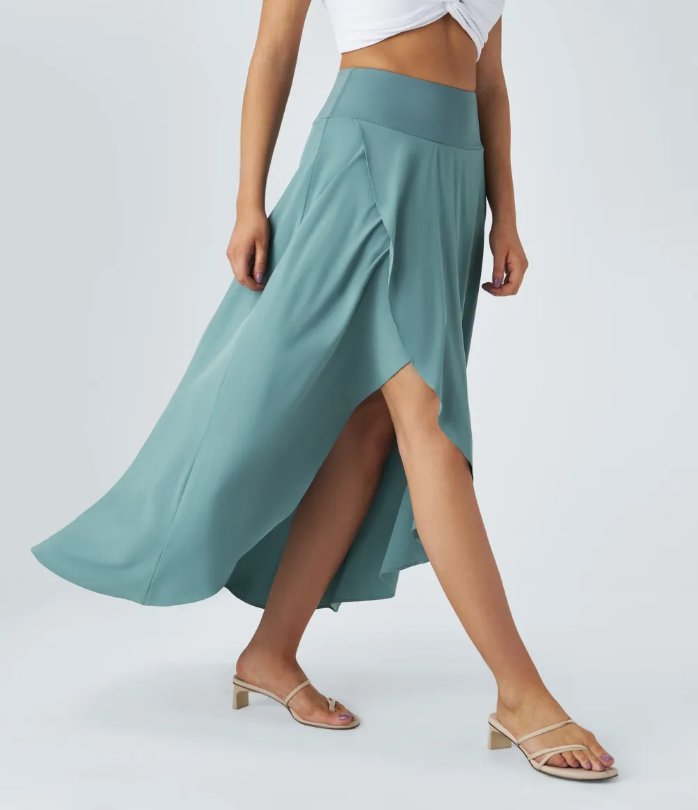 Breezeful High Waisted High Low Ruffle 2-in-1 Flowy Quick Dry Casual Regular Maxi Skirt