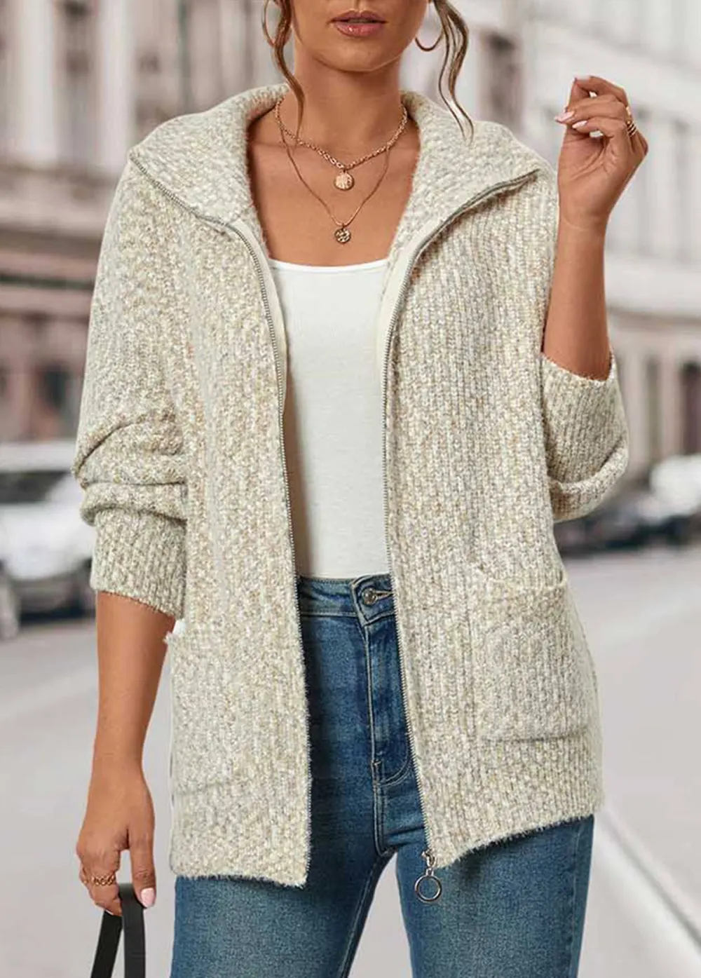 Beige Zipper Long Sleeve Turn Down Collar Coat