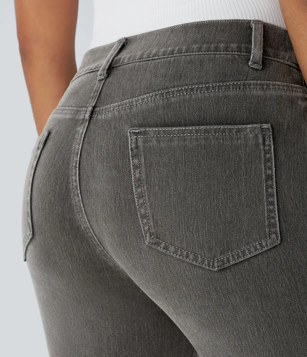 Magic High Waisted Multiple Pockets Straight Leg Washed Stretchy Knit Casual Jeans