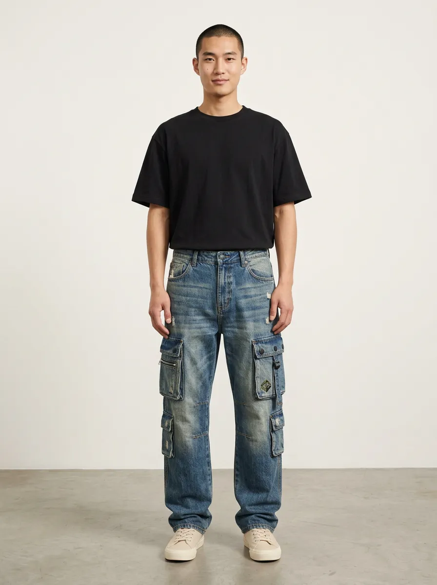 Men's Trail Streetwear Distressed Denim Multi-Pocket Cargo Jeans
