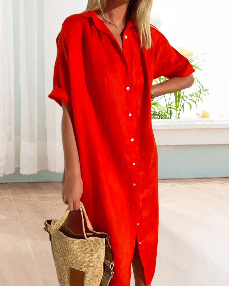 Women's Shirt Short-Sleeve Button-Detail Summer Dress