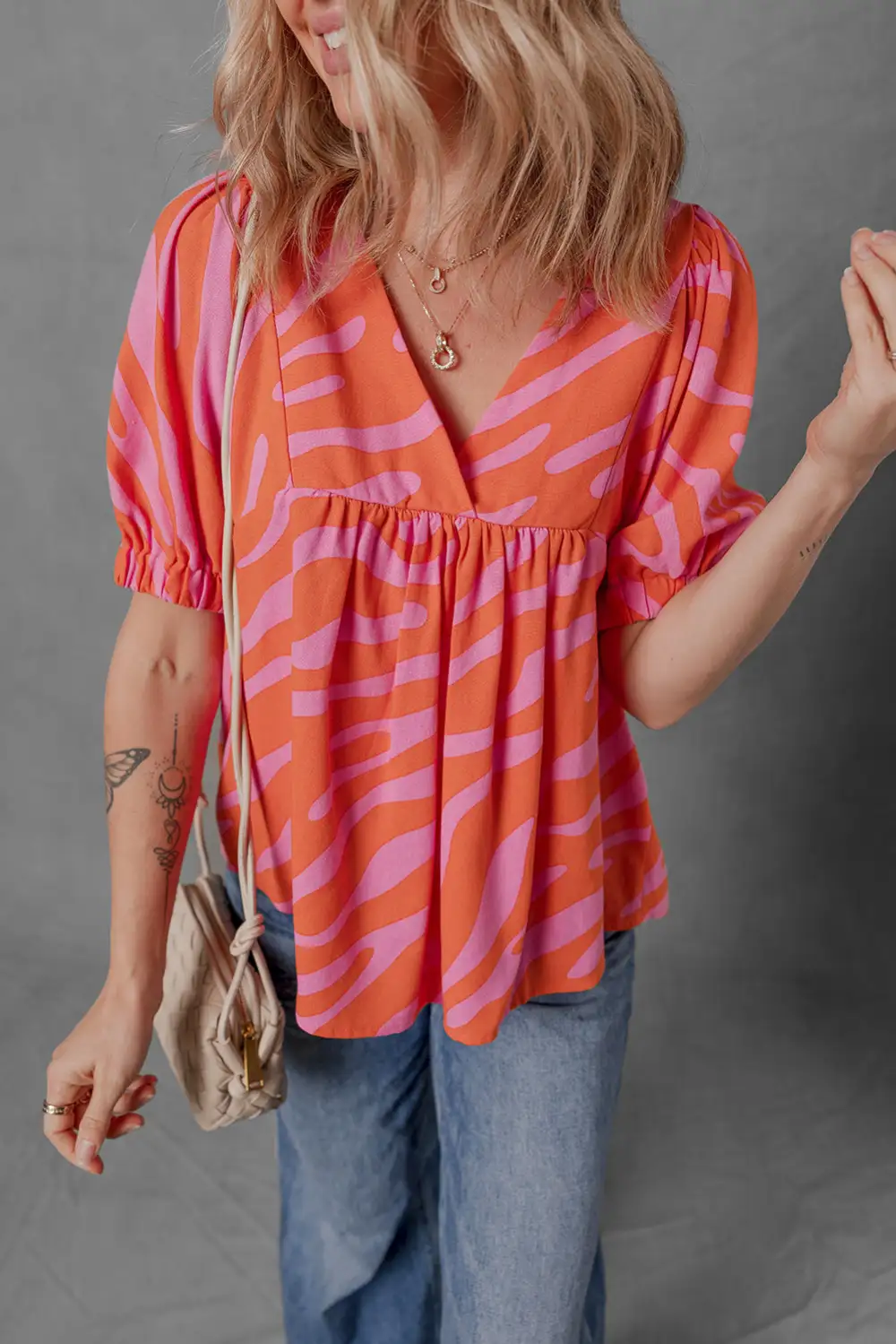 Women's Striped V Neck Ruched Top