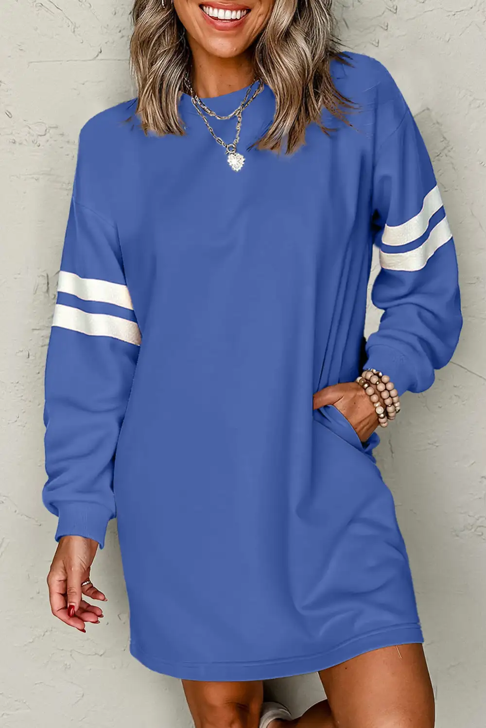 Sky Varsity Contrast Banded Sleeve Shift Sweatshirt Dress