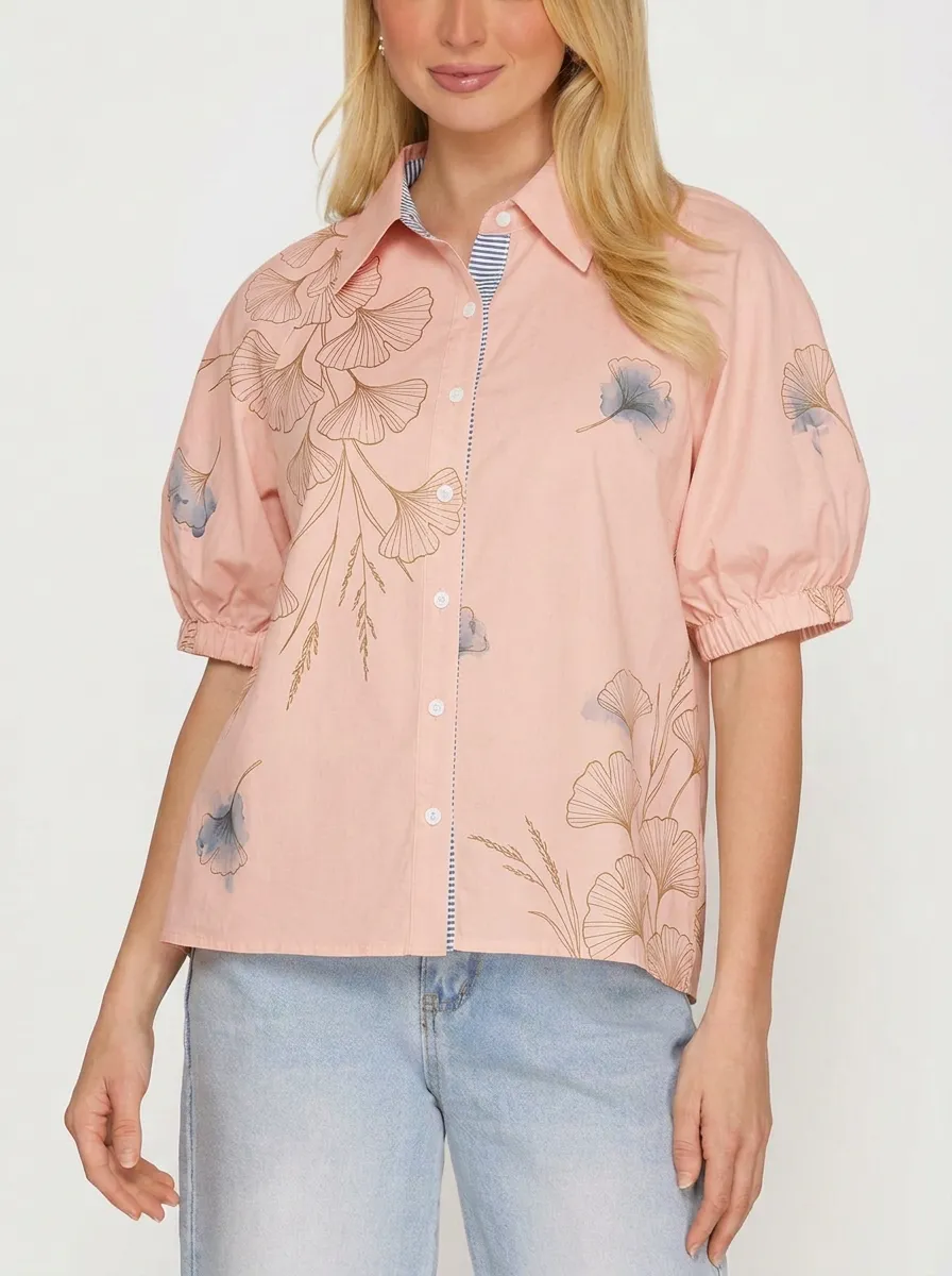 Women's Botanical Nature Lover Ginkgo Leaf Printed Blouse