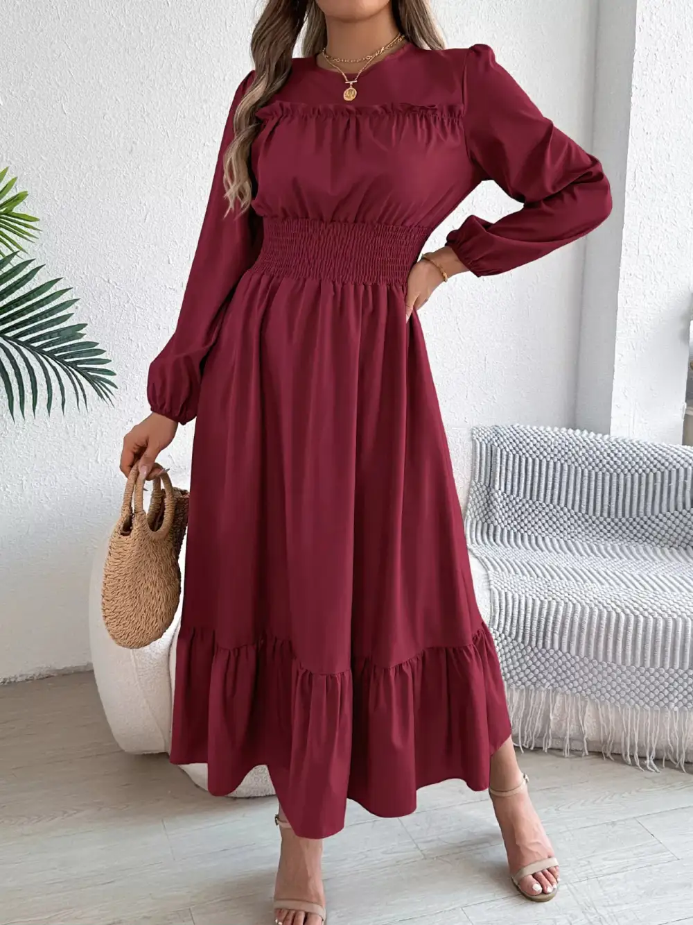 Round Neck Tiered Dress Casual