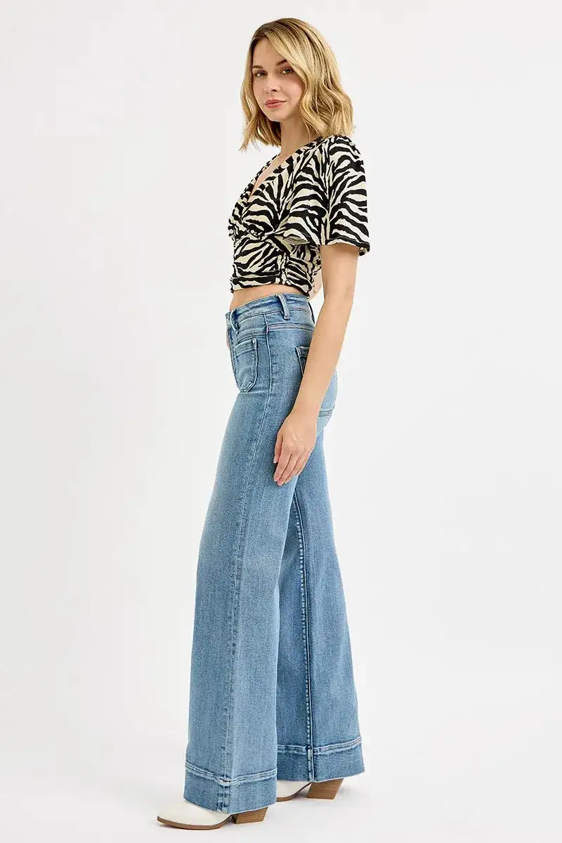 Structured High Waist Wide Leg Pocketed Denim Jeans