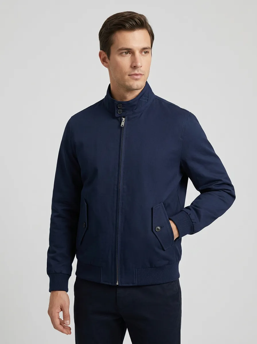 Men's Casual Minimalist Navy Stand Collar Zip-Up Jacket