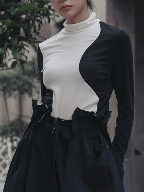 Urban Slim Fit Long Sleeve Contrast Asymmetric Panel Detail High Neck T-Shirt