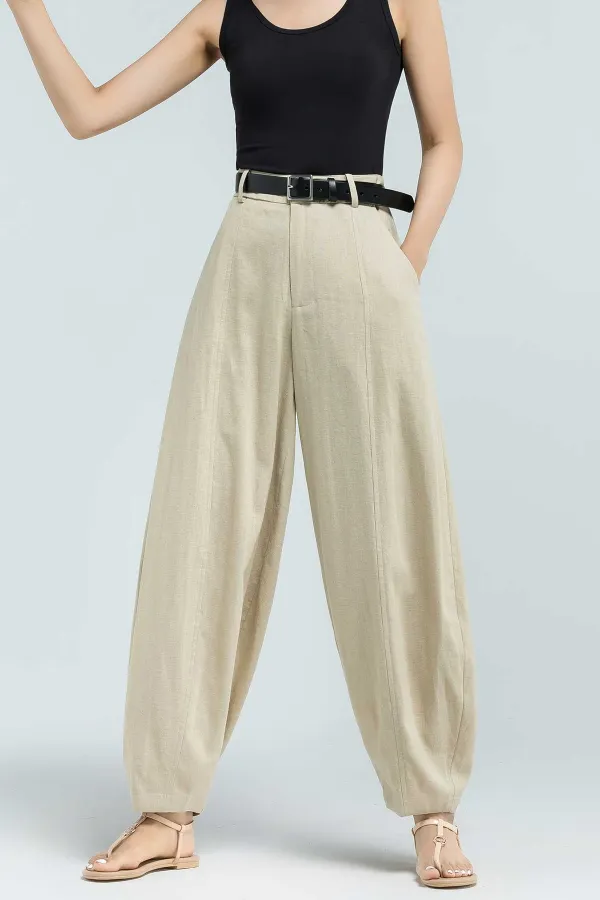 Modern Linen Cotton Wide Leg Cropped High Waist Pocketed Trousers