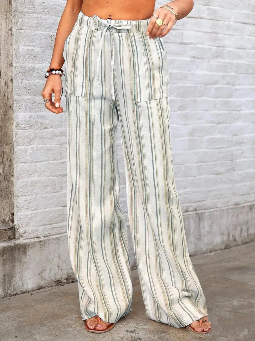 Wide Leg Striped Pocketed Pants