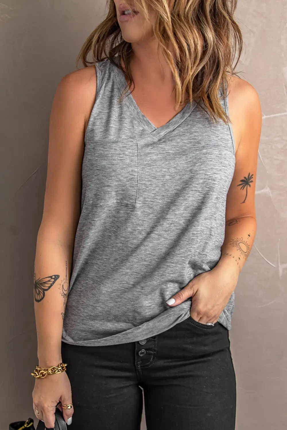 V Neck Racerback Tank Top Pocket
