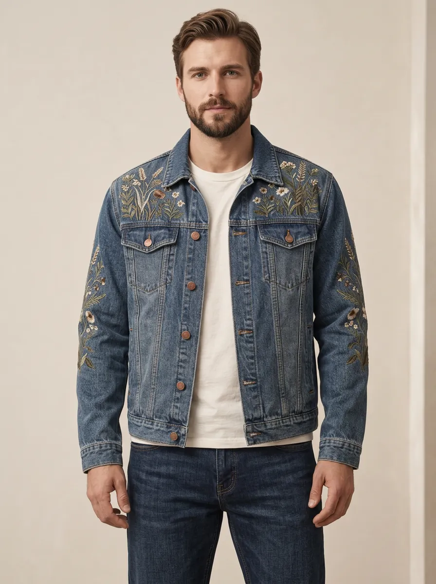 Men's Botanical Nature Inspired Embroidered Denim Jacket