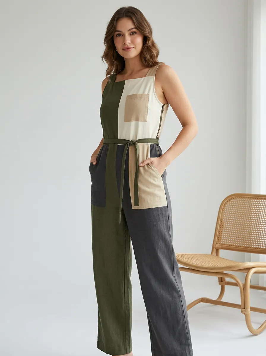 Women's Patchwork Colorblock Belted Jumpsuit
