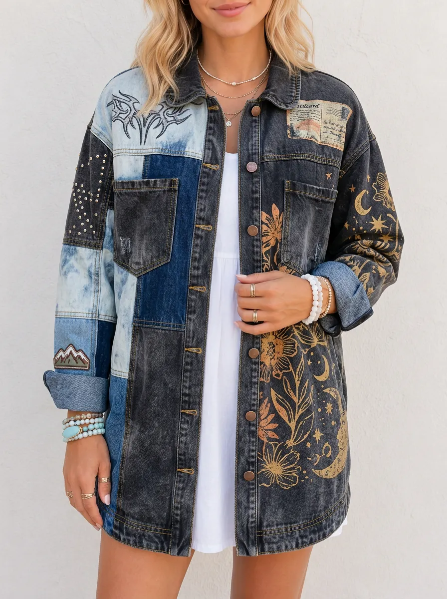 Women's Celestial Floral Patchwork Denim Jacket