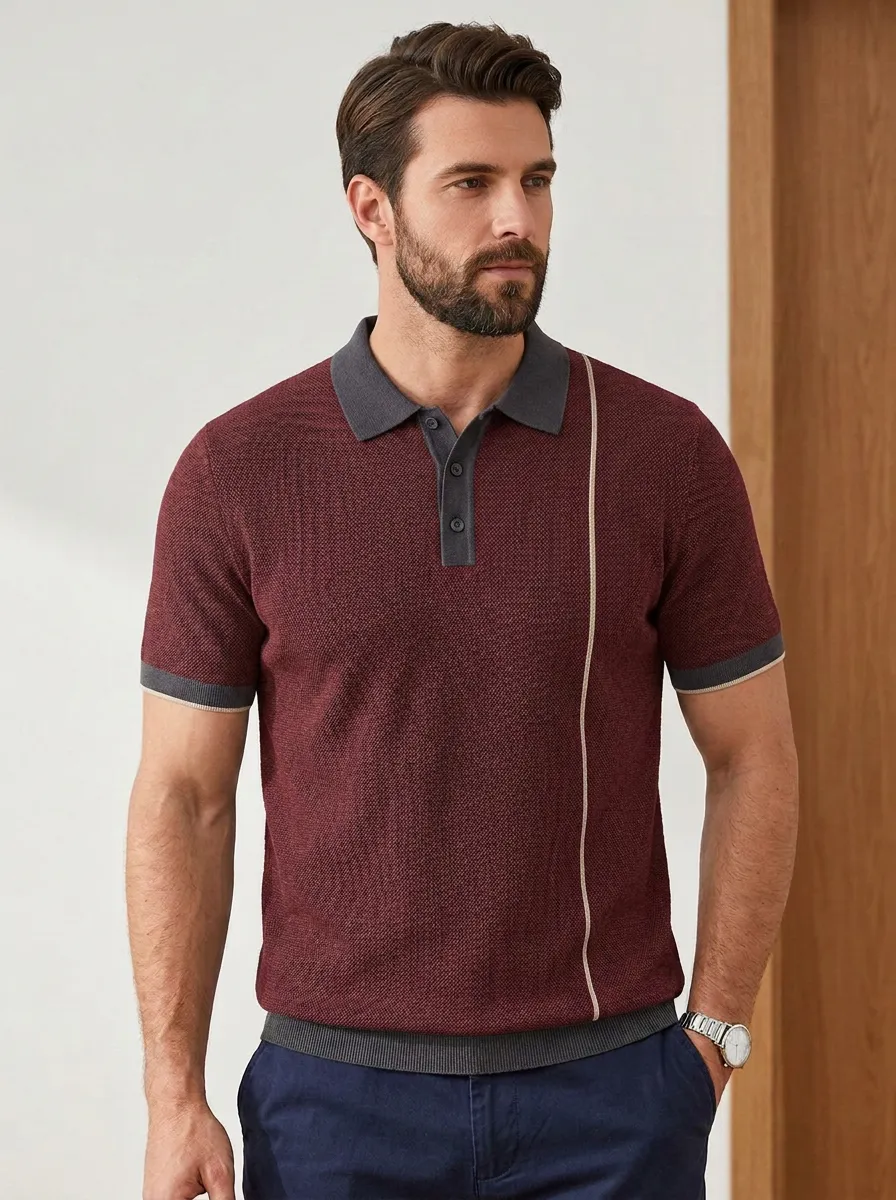Men's Casual Business Vertical Stripe Contrast Trim Polo Shirt