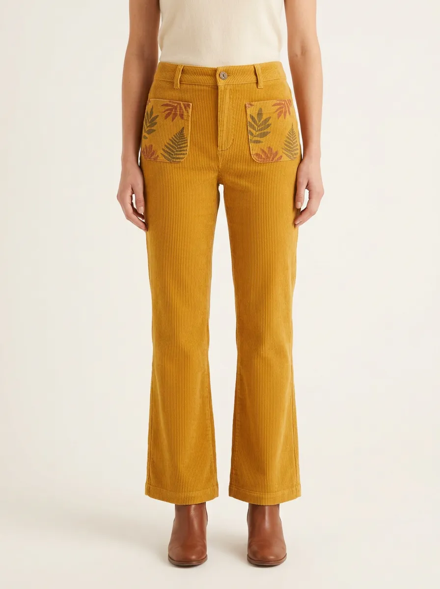 Women's Fern Leaf Graphic Patch-Pocket Straight-Leg Corduroy Pants