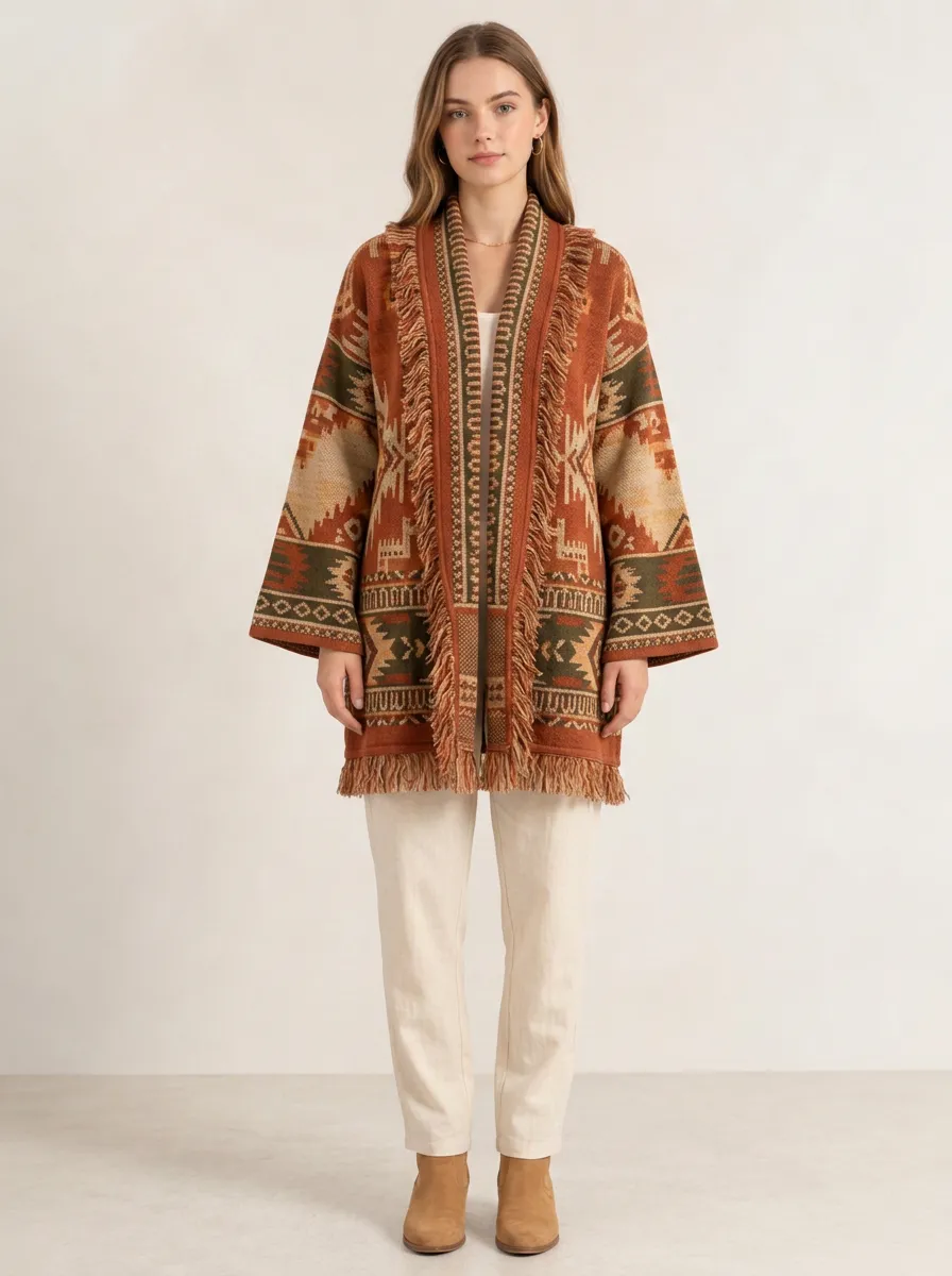 Women's Rust Geometric Pattern Fringe Cardigan