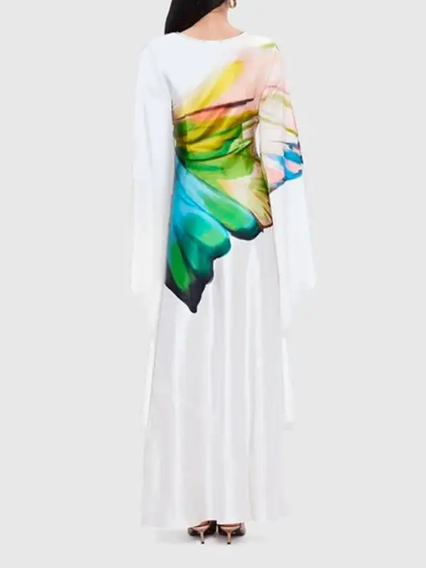 Sleeves Floral Printed Long Neck Maxi Dress