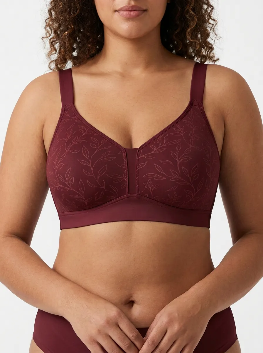 Women's Plus Size Off-White Leaf Full-Coverage V-Neck Wireless Bra
