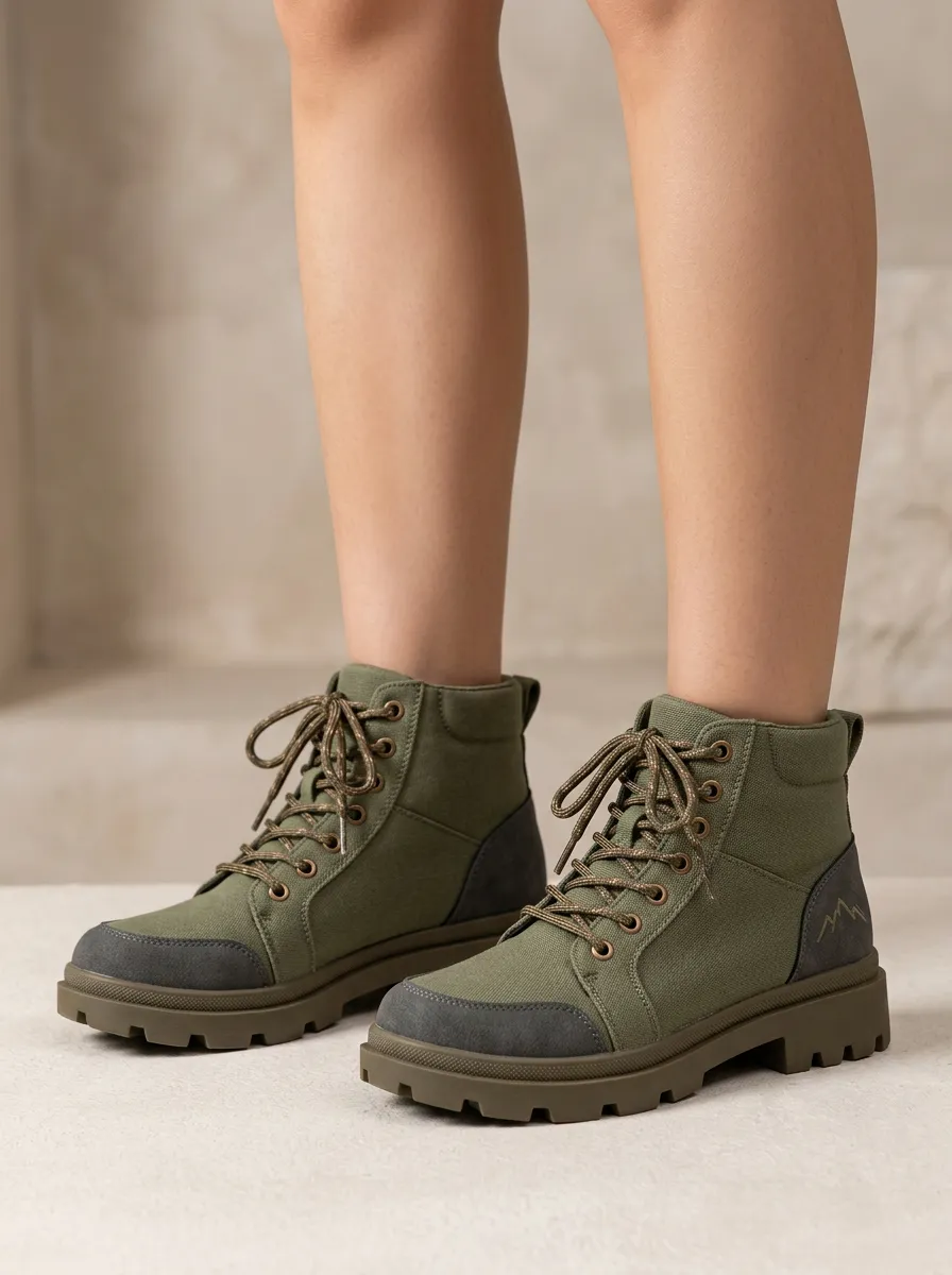 Summit Mountain-Motif Canvas Hiking Boots