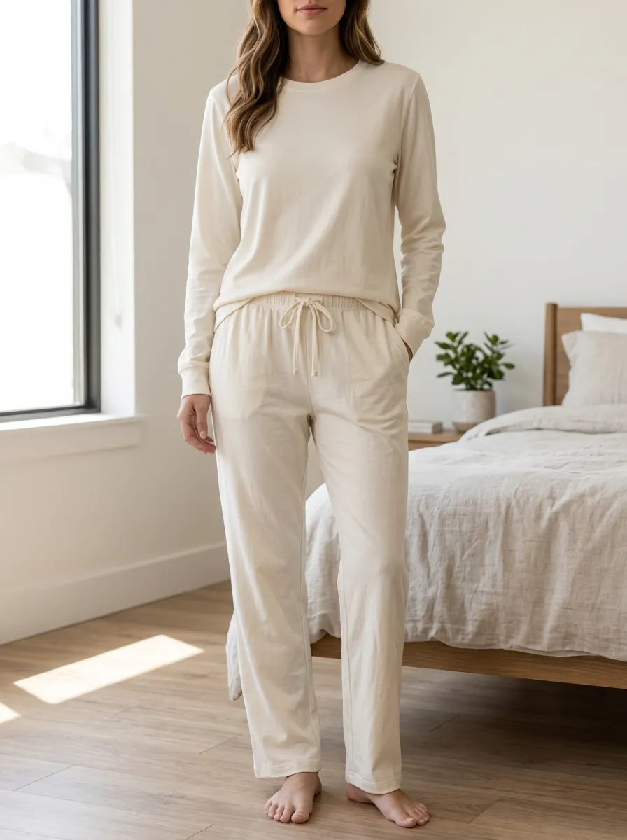 Women's Solid Cream Long Sleeve Drawstring Lounge Set