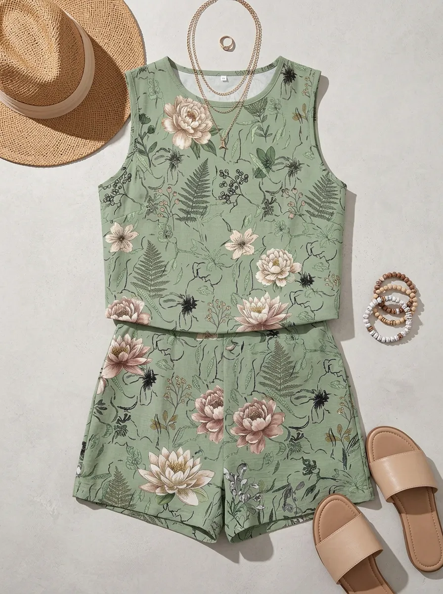 Women's Botanical Floral Fern Printed Sleeveless Short Set