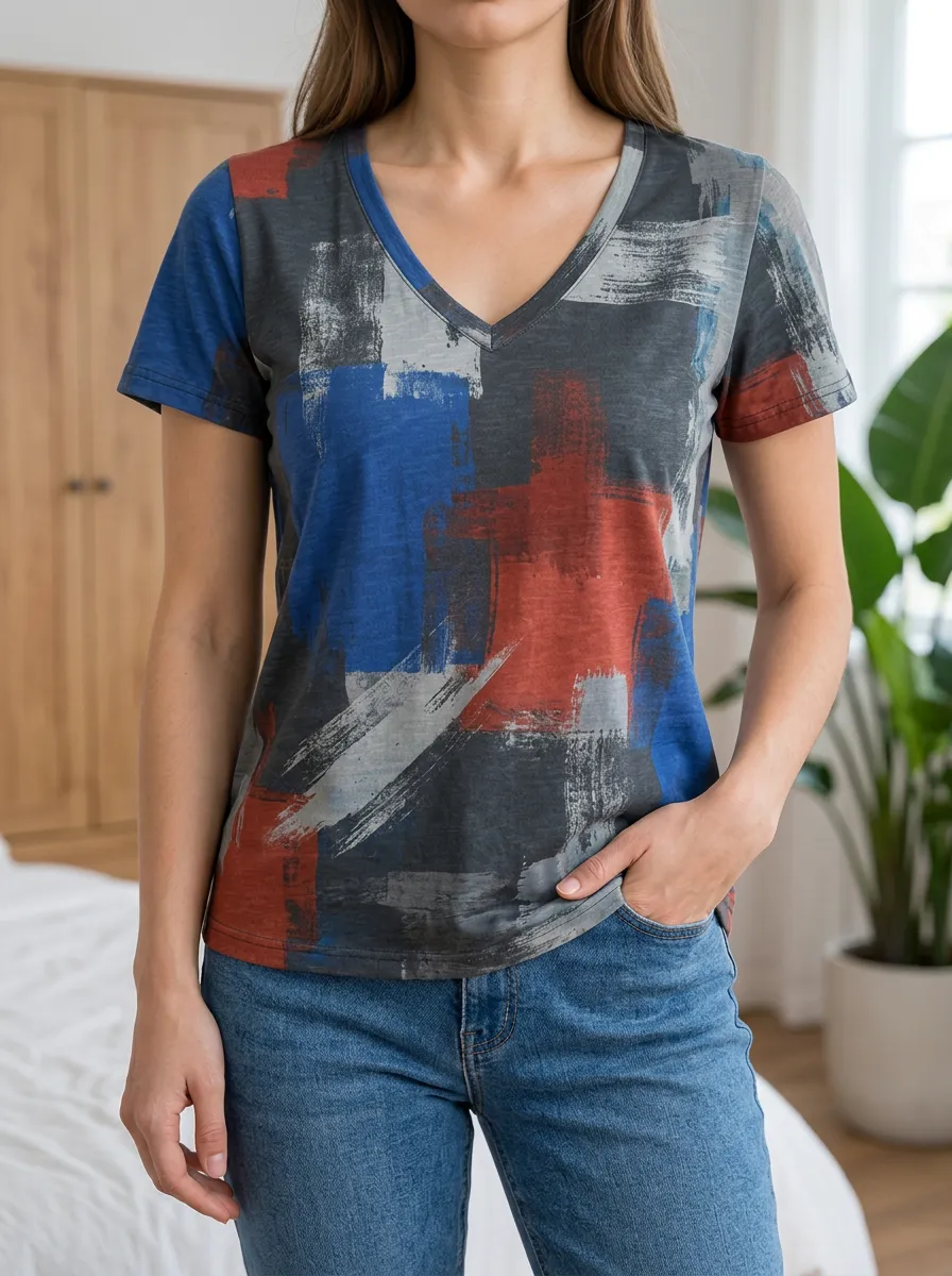 Women's Dynamic Abstract Art Brushstroke V-Neck T-Shirt